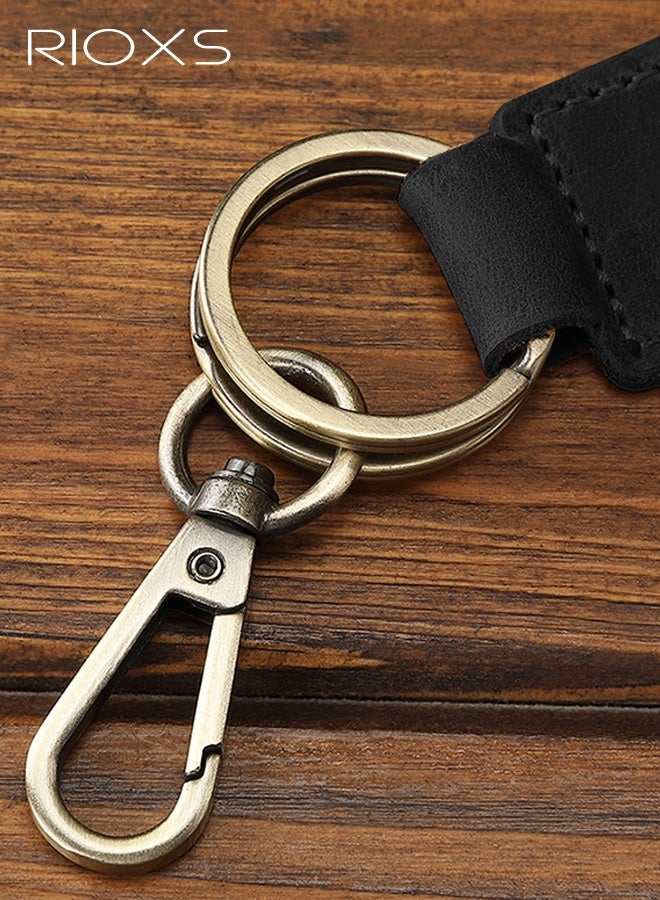 ريوكس سلسلة مفاتيح فاخرة مصنوعة يدويًا من الجلد الأصلي للرجال والنساء، حامل مفاتيح سيارة بمظهر عتيق، مصنوع من جلد البقر عالي الجودة مع قطع معدنية متينة، إكسسوار يومي على الطراز القديم، أسود - Image 5